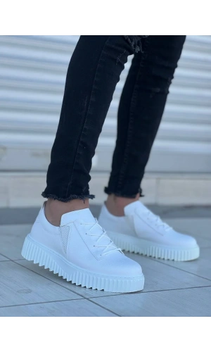 KB-X502  Kuback Beyaz Cilt Yüksek Beyaz Taban Bağcık Detaylı Lastikli Günlük Erkek Ayakkabı