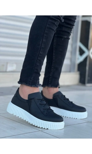 KB-X502  Kuback Siyah Cilt Yüksek Beyaz Taban Bağcık Detaylı Lastikli Günlük Erkek Ayakkabı