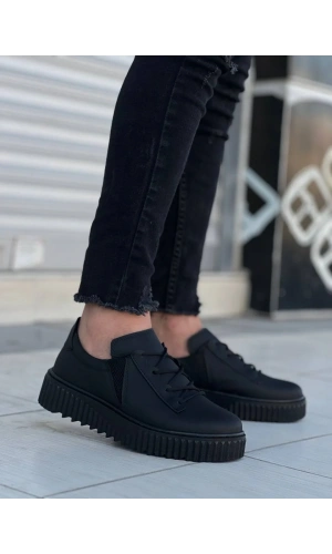 KB-X502  Kuback Siyah Cilt Yüksek Siyah Taban Bağcık Detaylı Lastikli Günlük Erkek Ayakkabı