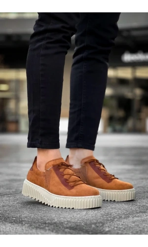 KB-X502  Kuback Taba Süet Yüksek Bej Taban Bağcık Detaylı Lastikli Günlük Erkek Ayakkabı