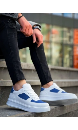 KB-X8 Kuback Beyaz Cilt Mavi Süet Detaylı Beyaz Yüksek Taban Günlük Spor Ayakkabı