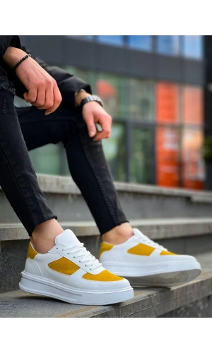 KB-X8 Kuback Beyaz Cilt Sarı Süet Detaylı Beyaz Yüksek Taban Günlük Spor Ayakkabı