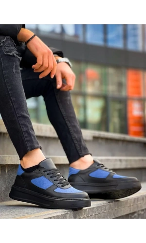 KB-X8 Kuback Siyah Cilt Mavi Süet Detaylı Siyah Yüksek Taban Günlük Spor Ayakkabı
