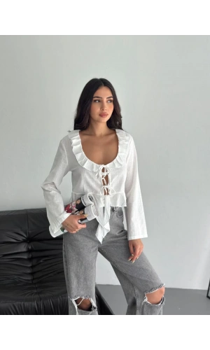 Keten Uzun Kol Bağacık Detaylı Bluz - Beyaz