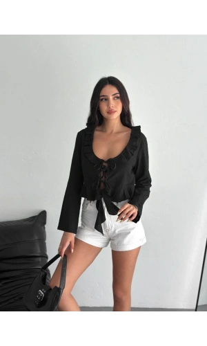Keten Uzun Kol Bağacık Detaylı Bluz - Siyah