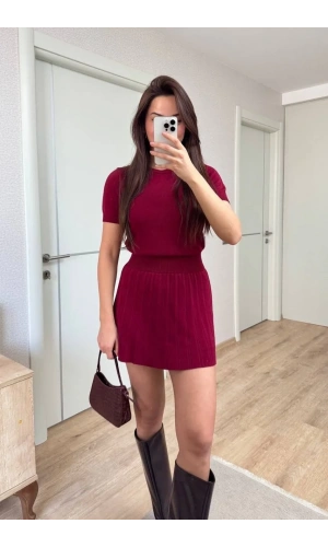Kısa Kollu Bluz Mini Etekli ikili Takım Triko - Bordo