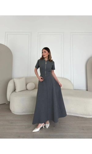Kısa Kollu Önden Fermuarlı Çan Etekli Uzun Elbise - Antrasit