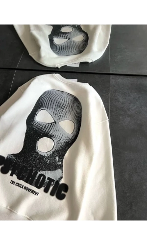 Kışlık Bisiklet Yaka Baskılı SweatShirt - Beyaz