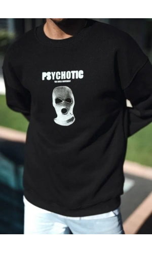 Kışlık Bisiklet Yaka Baskılı SweatShirt - Siyah