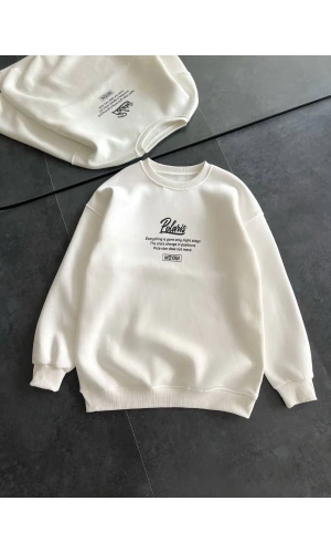 Kışlık Bisiklet Yaka Ön Ve Arka Baskılı SweatShirt - Beyaz