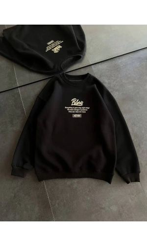 Kışlık Bisiklet Yaka Ön Ve Arka Baskılı SweatShirt - Siyah