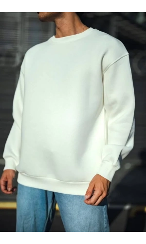 Kışlık Bisiklet Yaka Üç İplik Basic SweatShirt - Beyaz