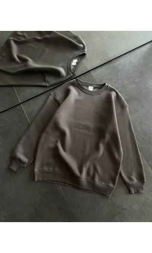 Kışlık Bisiklet Yaka Üç İplik Basic SweatShirt - Füme