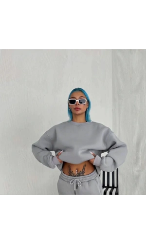 Kışlık Bisiklet Yaka Üç İplik Basic SweatShirt - Gri