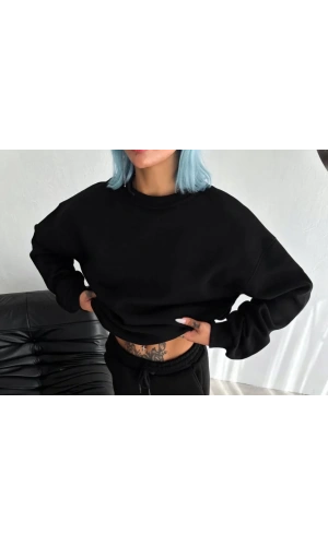 Kışlık Bisiklet Yaka Üç İplik Basic SweatShirt - Siyah