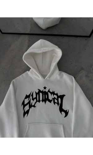 Kışlık Kapşonlu Baskılı Oversize SweatShirt- Beyaz