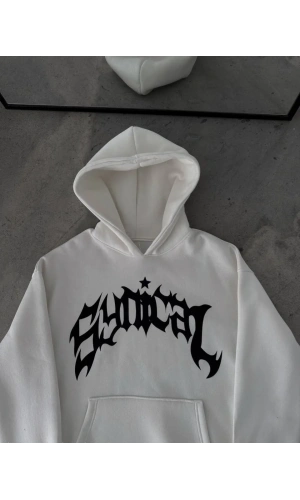 Kışlık Kapüşonlu Baskılı Oversize SweatShirt- Beyaz