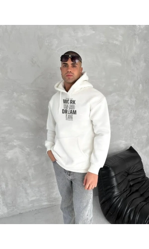 Kışlık Üç İplik Kapşonlu SweatShirt - Beyaz
