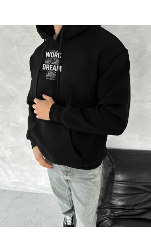 Kışlık Üç İplik Kapşonlu SweatShirt - Siyah