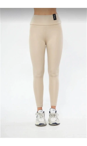 Kışlık Yüksek Bel Toparlayicı ve Sıkılaştırıcı Likralı Şardonlu Tayt - Bej