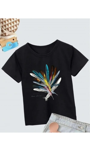 Kız Çocuk Baskılı T-Shirt- Siyah