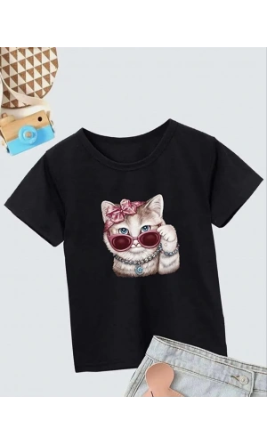 Kız Çocuk Bisiklet Yaka Baskılı T-Shirt - Siyah