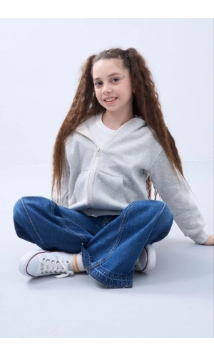 Kız Çocuk Kapüşonlu Kanguru Çepli Tam Fermuarlı Hırka SweatShirt - Gri
