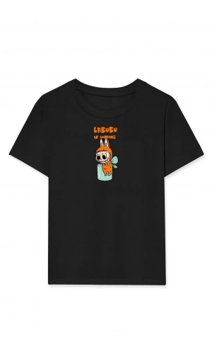 Kız Labubu Çocuk Baskılı T-Shirt - Siyah