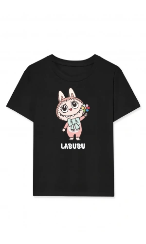 Kız Labubu Çocuk Baskılı T-Shirt - Siyah