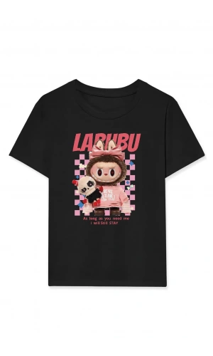 Kız Labubu Çocuk Baskılı T-Shirt - Siyah