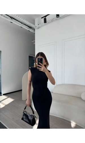 Kolsuz Uzun Likralı Elbise - Siyah