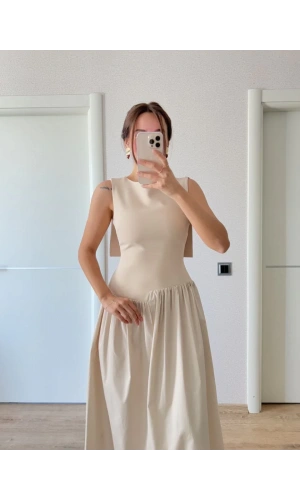 Krep Arkası Kanat Arka Ön Pens Detaylı Uzun Kadın Elbise - Bej