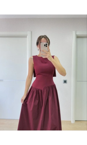 Krep Arkası Kanat Arka Ön Pens Detaylı Uzun Kadın Elbise - Bordo