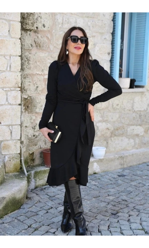 Krep Kumaş Midi Boy Kuşaklı Uzunkol Elbise 113 Cm