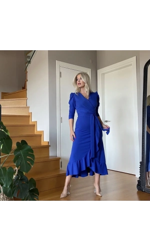 Krep Kumaş Midi Boy Kuşaklı Uzunkol Elbise