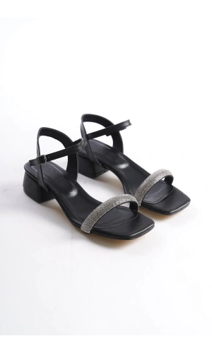 Laura Kalın Topuklu Taşlı Kadın Siyah Sandalet