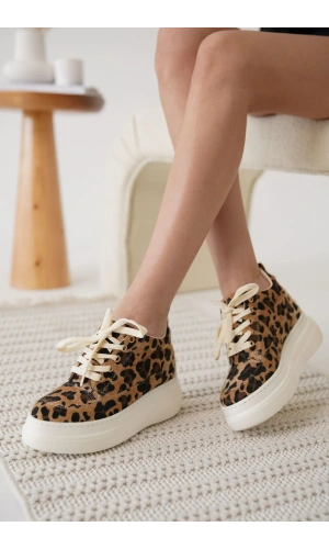 Lauren Kadın Gizli Topuk Beyaz Taban Leopar Spor Ayakkabı
