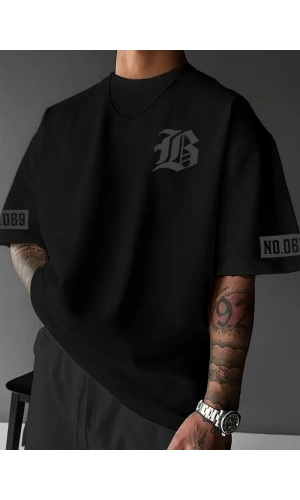 LB Ön Arka Baskılı Oversize Bisiklet Yaka Yazlık T-shirt - Siyah