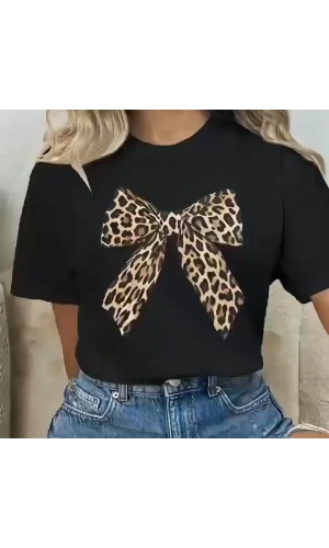 Leopar Desenli Fiyonklu Tişört - Rahat Polyester, Makinede Yıkanabilir, Bisiklet Yaka, Kadınlar için Yazlık Günlük Üst - Siyah