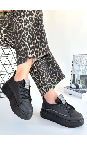 Leope Siyah Cilt Bağcıklı Spor Ayakkabı