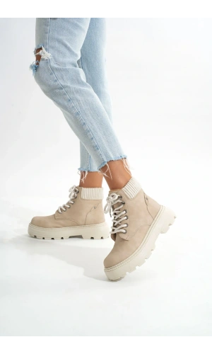 LMÇ-2045 Bej Süet Bağcıklı Kalın Taban Kadın Günlük Bot