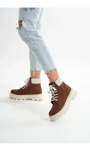 LMÇ-2045 Kahverengi Süet Bağcıklı Kalın Taban Kadın Günlük Bot