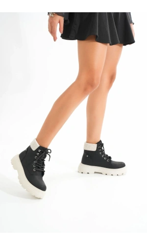 LMÇ-2045 Siyah-Bej Taban Bağcıklı Kalın Taban Kadın Günlük Bot