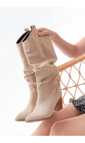 LS-1884 Bej Süet Günlük Kadın Çizme
