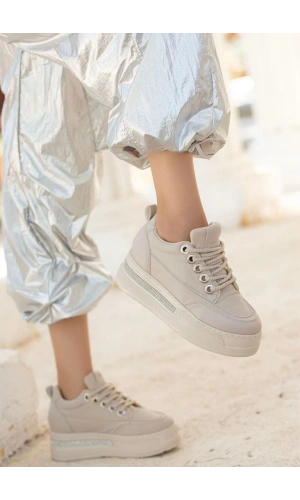 Lulu Bej Cilt Bağcıklı Spor Ayakkabı