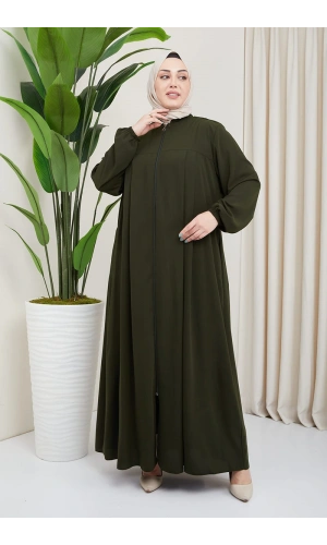 Medine İpeği Tesettür Pile Detaylı Ferace MDC-0165 Haki