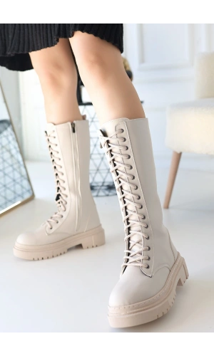 Mennd Bej Cilt Bağcıklı Çizme