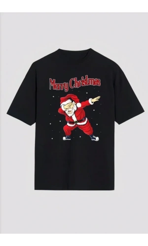 Merry Christmas Baskılı Noel Babalı T-shirt - Siyah