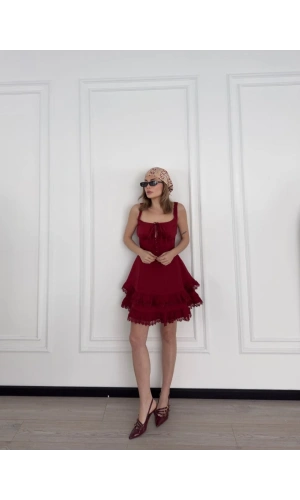 Mini Askılı Elbise - Bordo