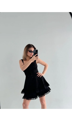 Mini Askılı Elbise - Siyah